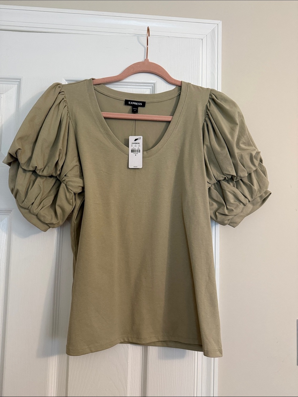 Express Olive Green Puff Sleeve Scoop Neck Top